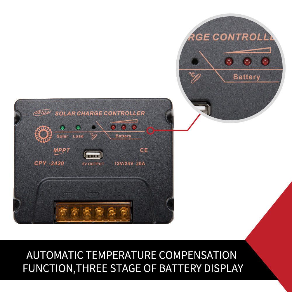 MPPT Solar Charge Controller Solar Panel Battery Regulator 12-24V 20A With USB