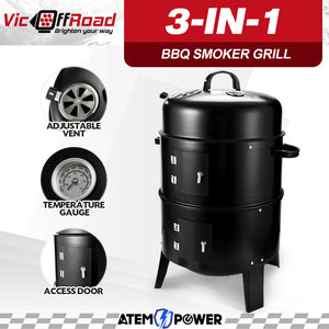 3In1 Portable Charcoal Vertical Smoker BBQ Grill Roaster Steel Steamer