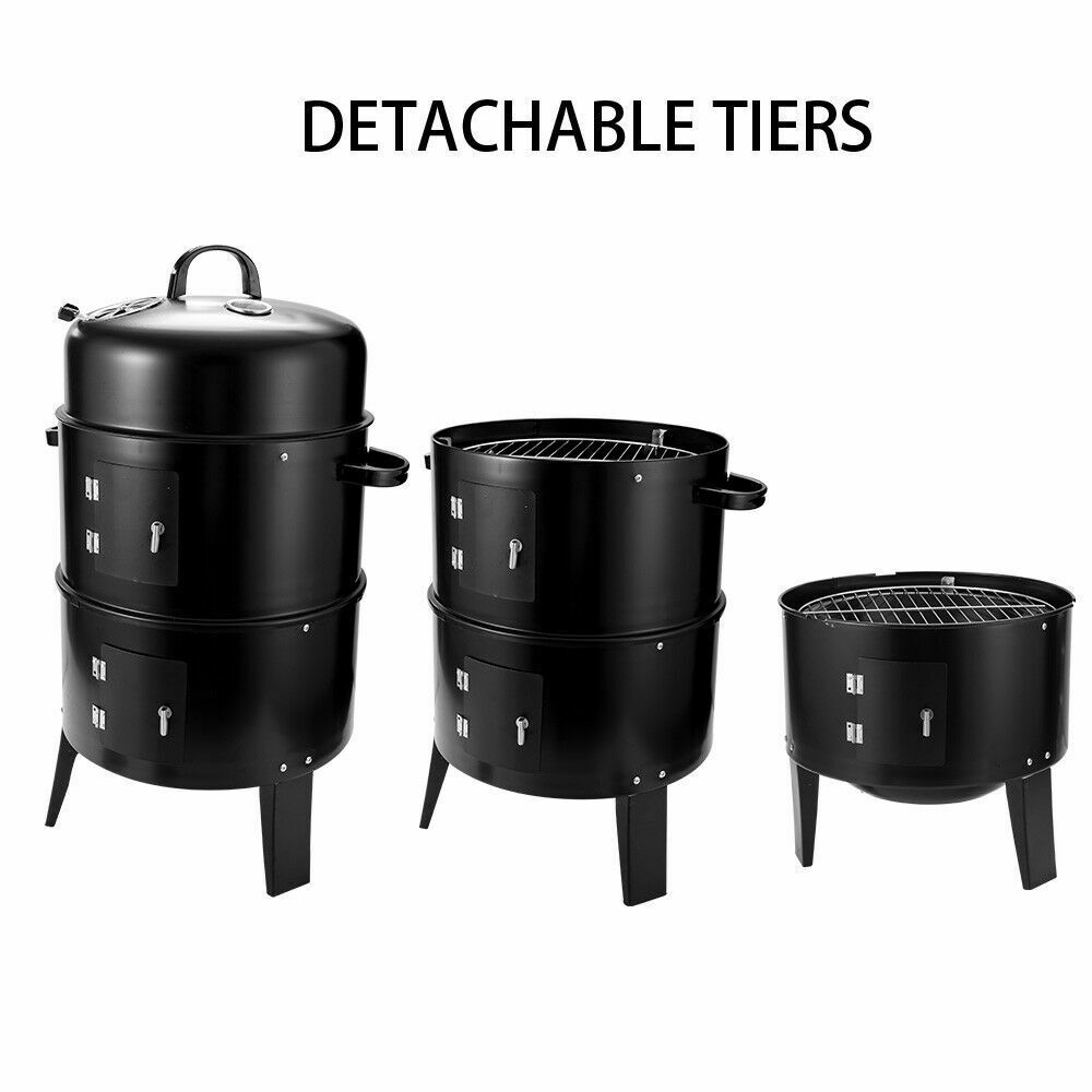 3In1 Portable Charcoal Vertical Smoker BBQ Grill Roaster Steel Steamer