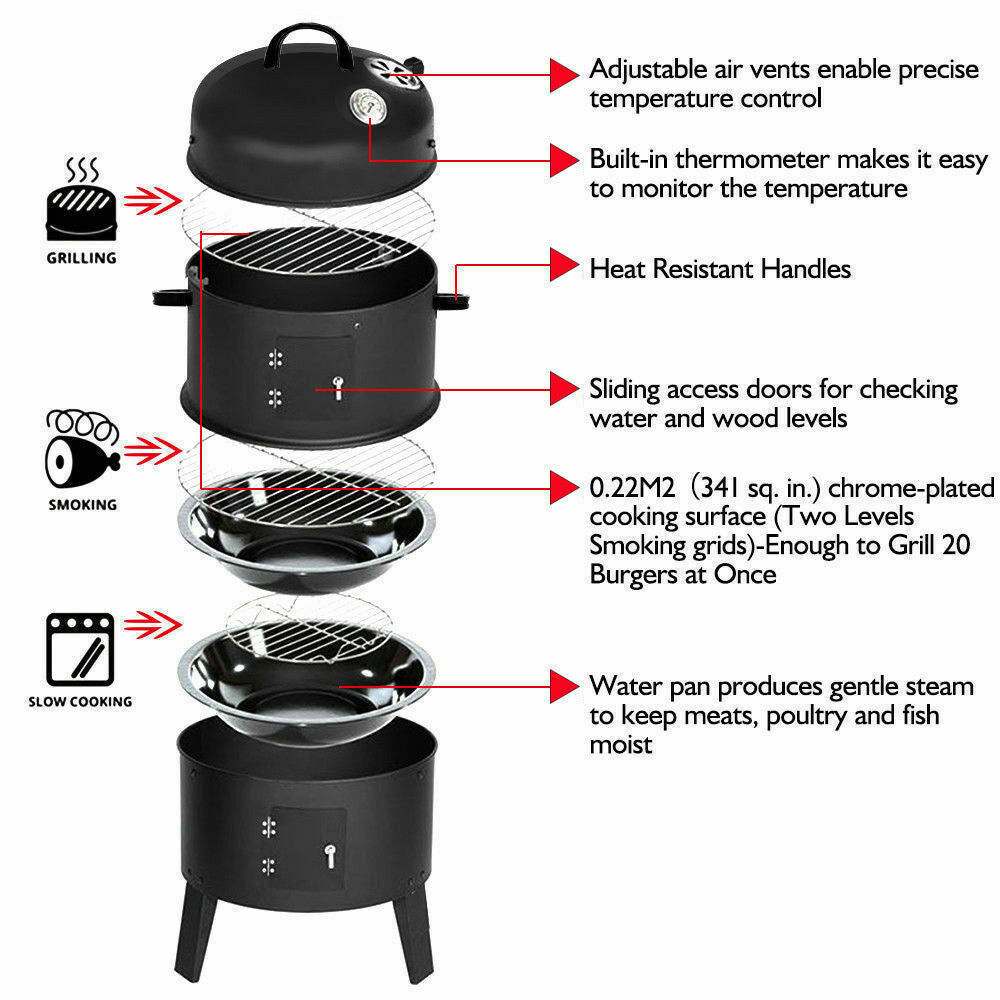 3In1 Portable Charcoal Vertical Smoker BBQ Grill Roaster Steel Steamer