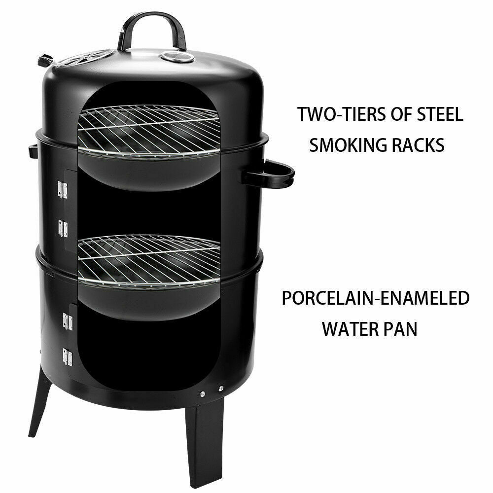 3In1 Portable Charcoal Vertical Smoker BBQ Grill Roaster Steel Steamer