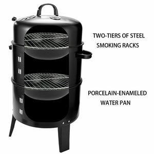 3In1 Portable Charcoal Vertical Smoker BBQ Grill Roaster Steel Steamer