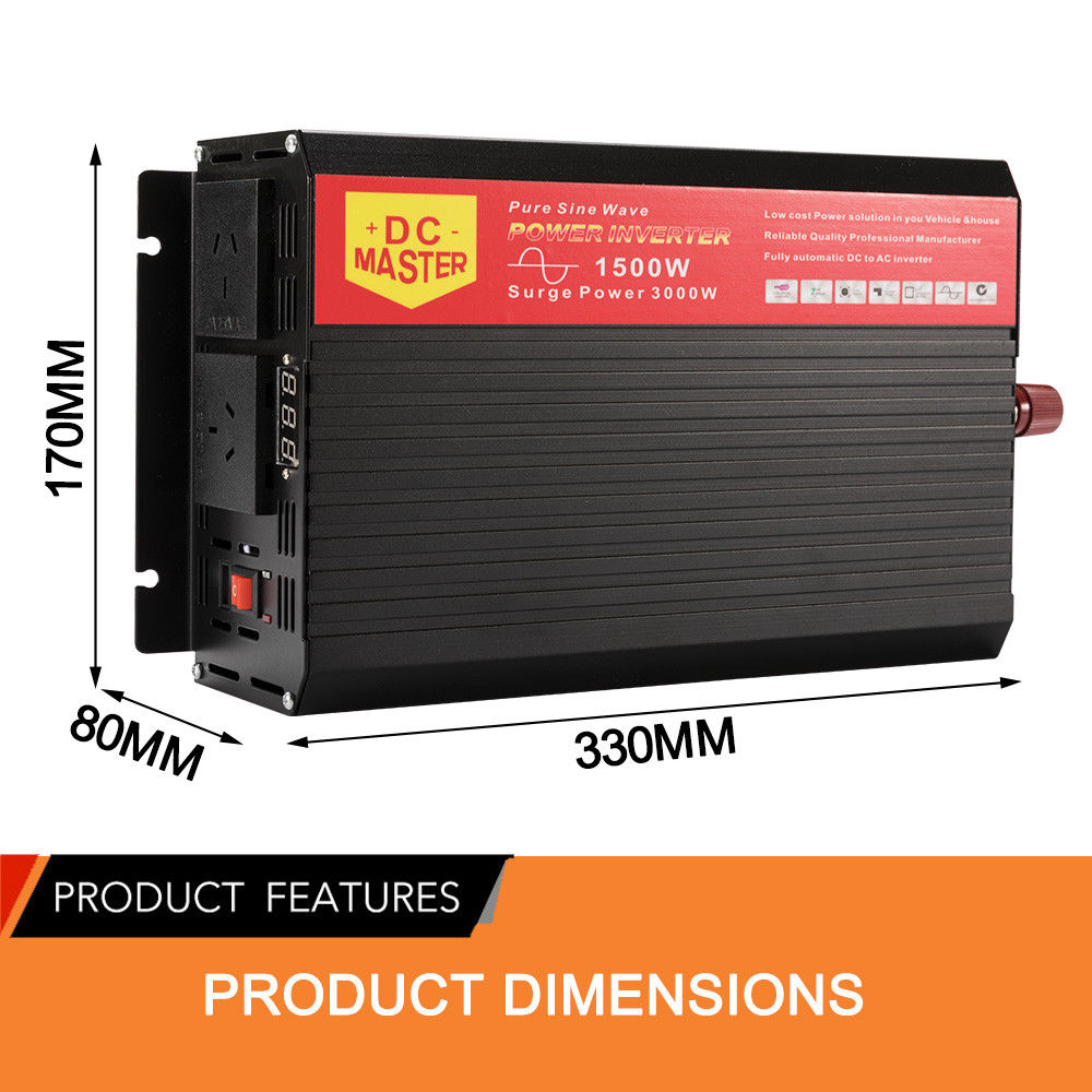 Pure Sine Wave 1500W Max 3000W 12V-230V Power Inverter Car Caravan Camping Boat