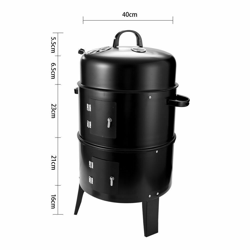 3In1 Portable Charcoal Vertical Smoker BBQ Grill Roaster Steel Steamer