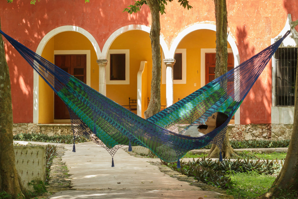 Deluxe Outdoor Cotton Mexican Hammock  in Caribe  Colour