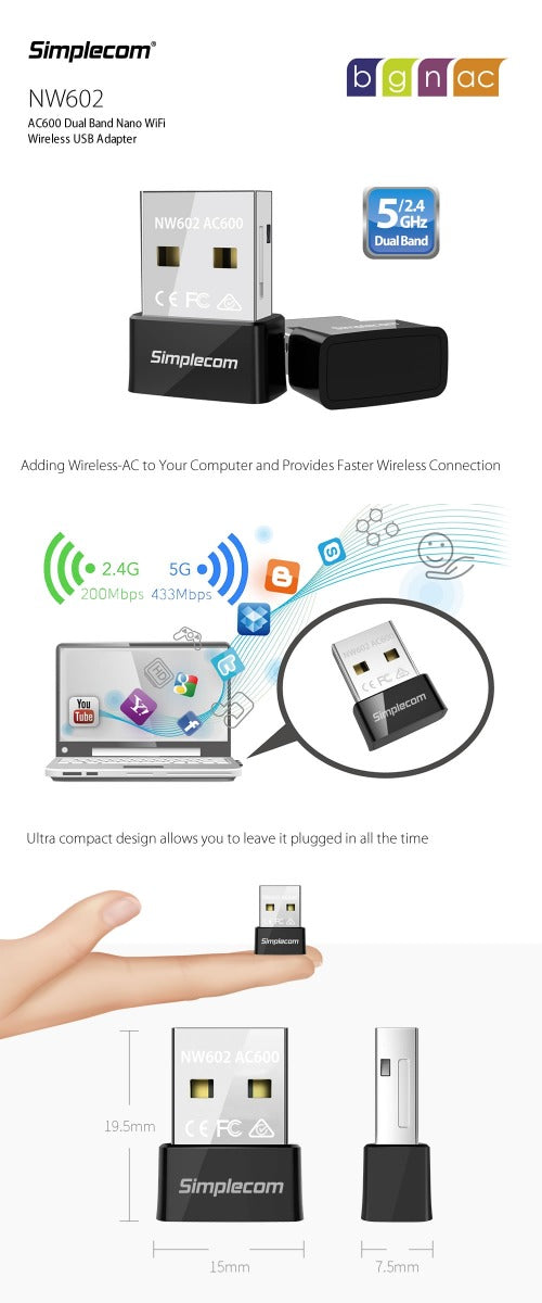 Simplecom NW602 AC600 Dual Band Nano USB WiFi Wireless Adapter 