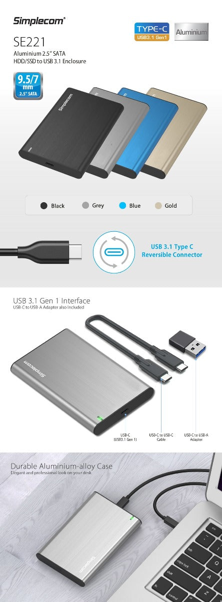 Simplecom SE221 Aluminium 2.5'' SATA HDD/SSD to USB 3.1 Enclosure Grey