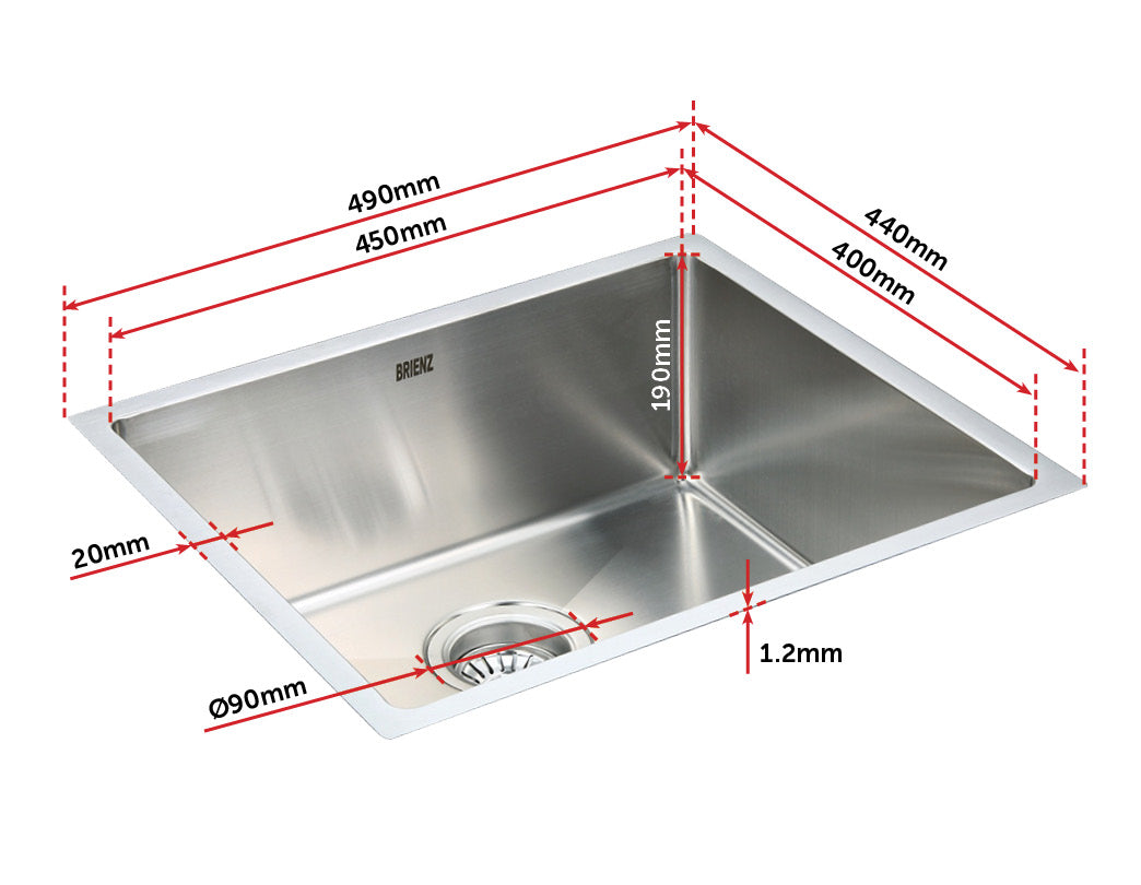 490x440mm Handmade Stainless Steel Undermount / Topmount Kitchen Laundry Sink with Waste